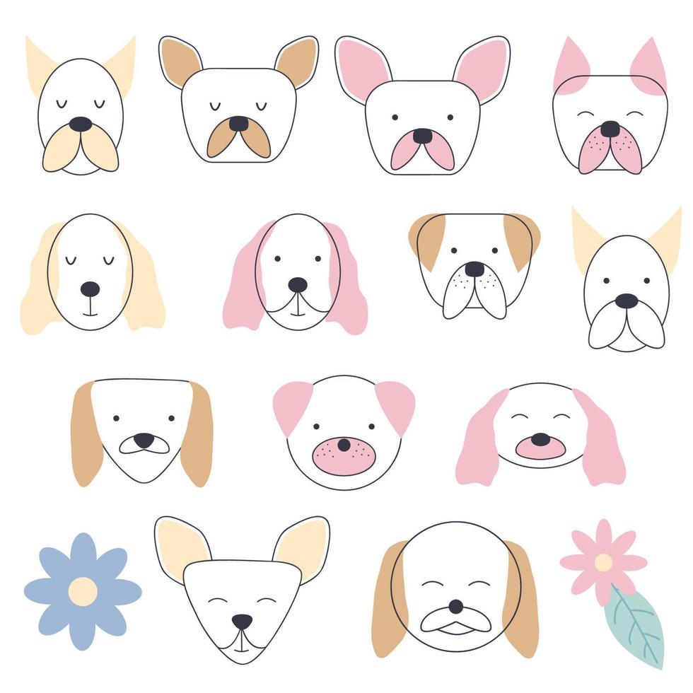 colección de expresiones faciales de diferentes razas de perros. lindo estilo de bebé, adecuado para recién nacidos vector