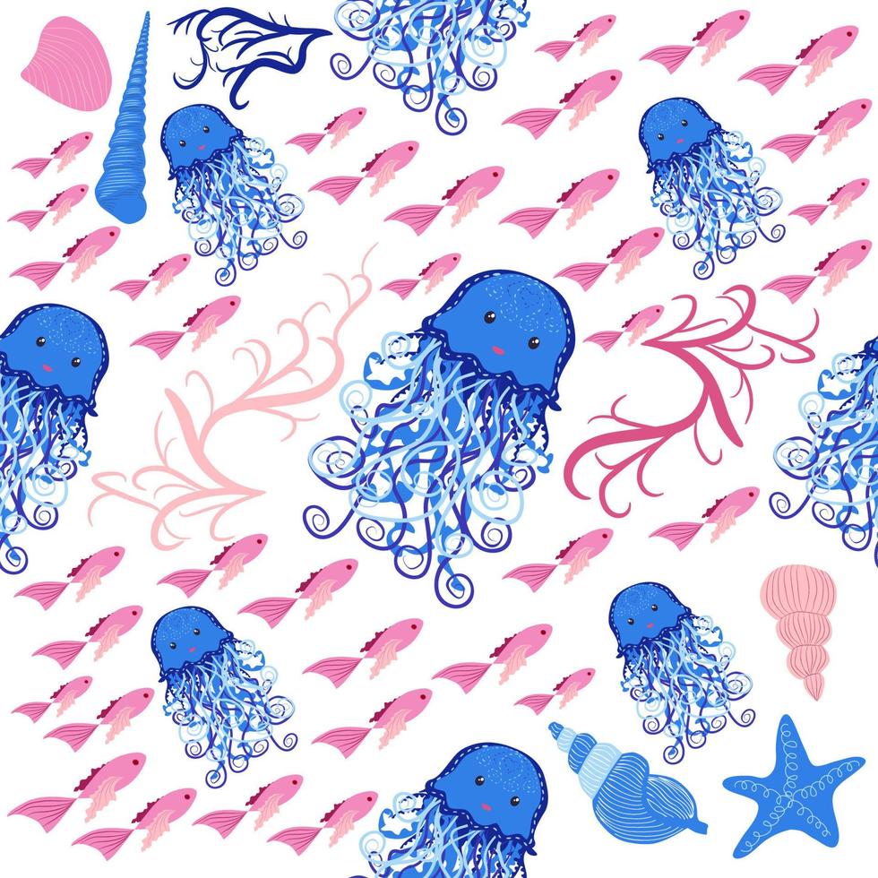 Seamless pattern with detailed transparent jellyfish. Childish seamless pattern with cute hand drawn fishes and jellyfishes in doodle style. Trendy nursery background vector