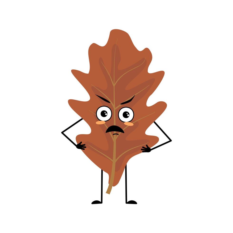 personaje de hoja de roble con emociones enojadas, cara gruñona, ojos furiosos, brazos y piernas. planta forestal en color marrón otoñal. ilustración plana vectorial vector