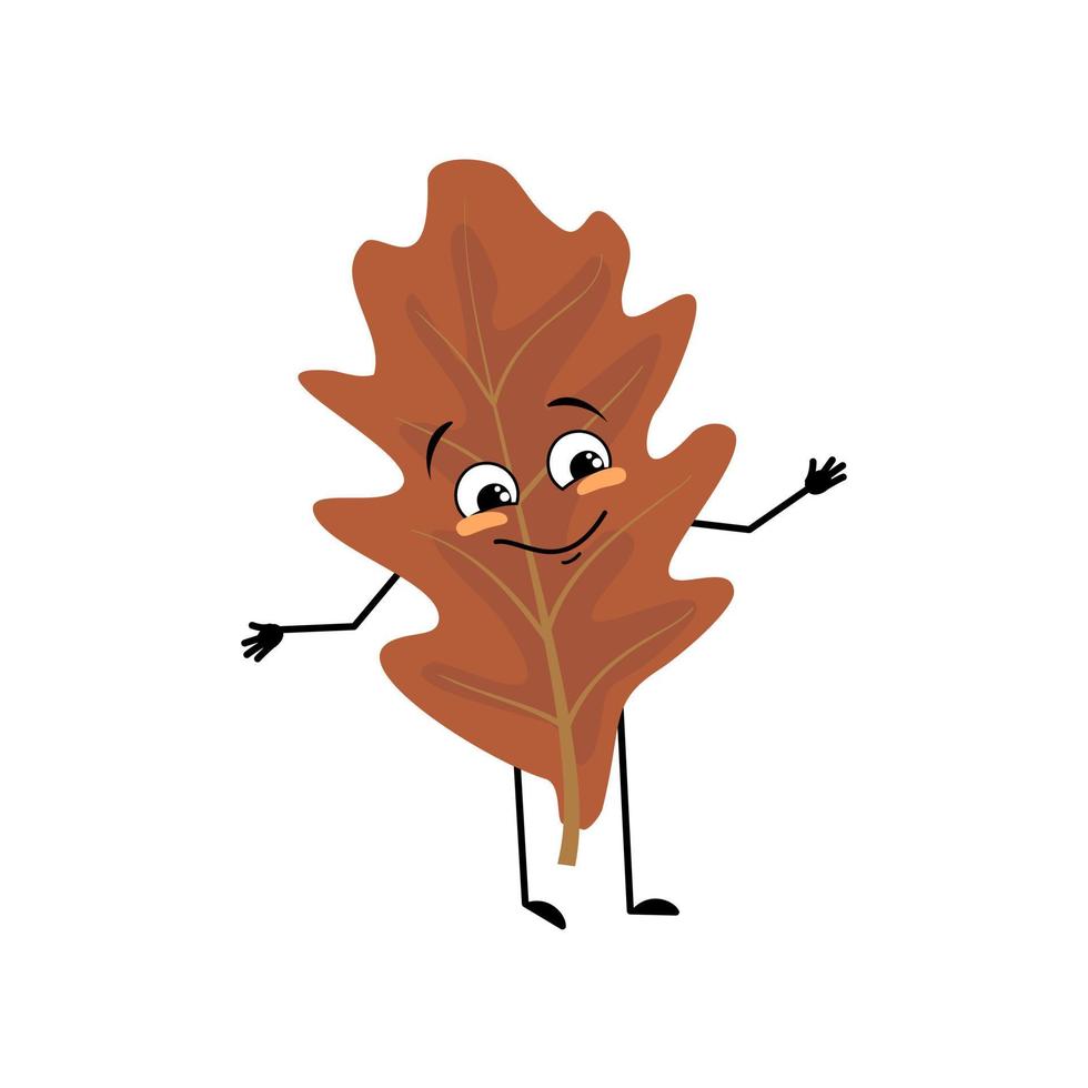 personaje de hoja de roble con emociones alegres, sonrisa en la cara, ojos felices, brazos y piernas. planta forestal alegre en color marrón otoñal. ilustración plana vectorial vector