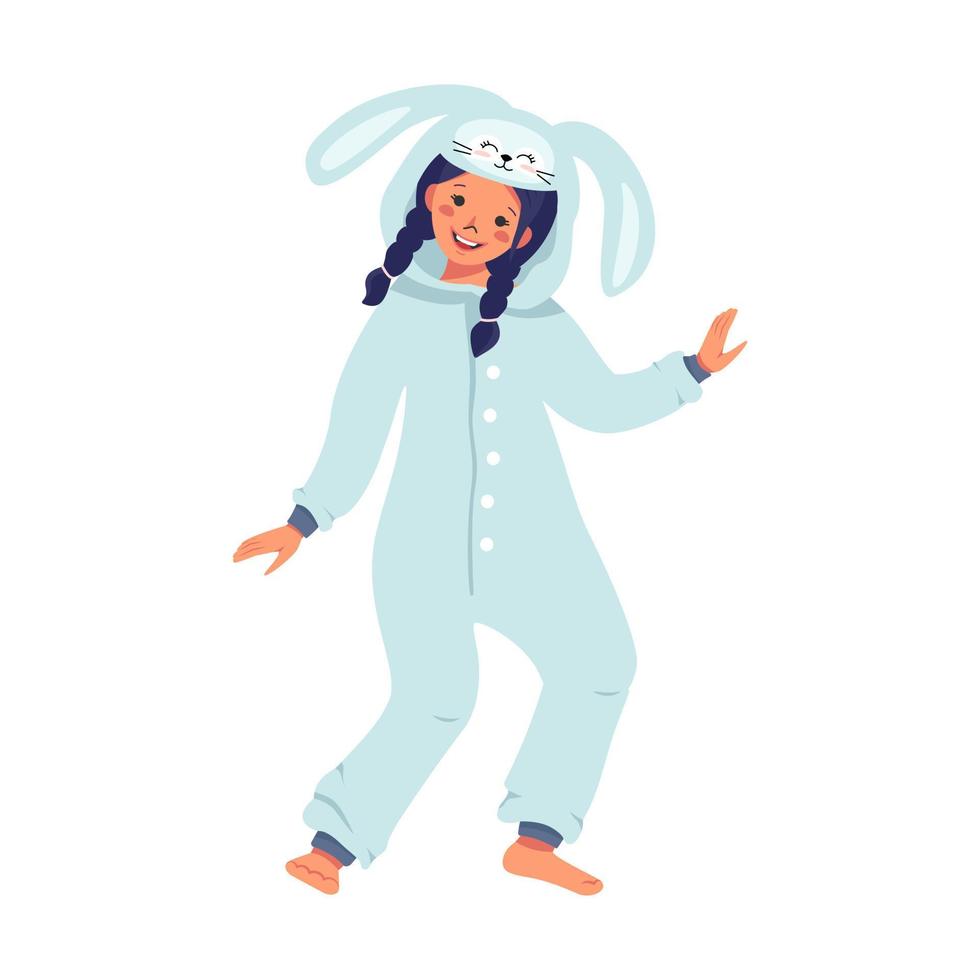 chica disfrazada de conejo de carnaval. fiesta de pijamas para niños. niño con monos o kigurumi, ropa festiva para año nuevo, navidad o vacaciones. ilustración plana vectorial vector