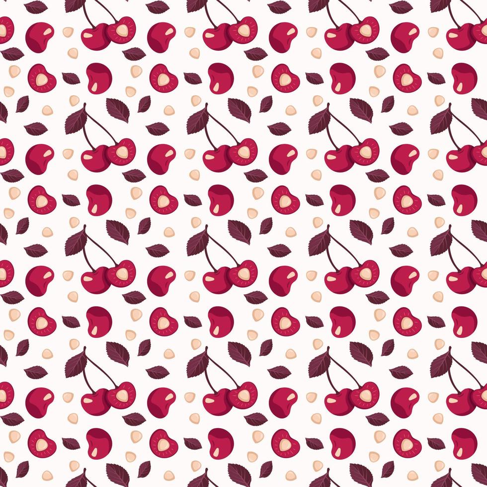 Cherry berry seamless pattern with leaves, print on pink background in monochrome colours. Vector flat illustration with different red elements for spring and summer. Vector flat illustration