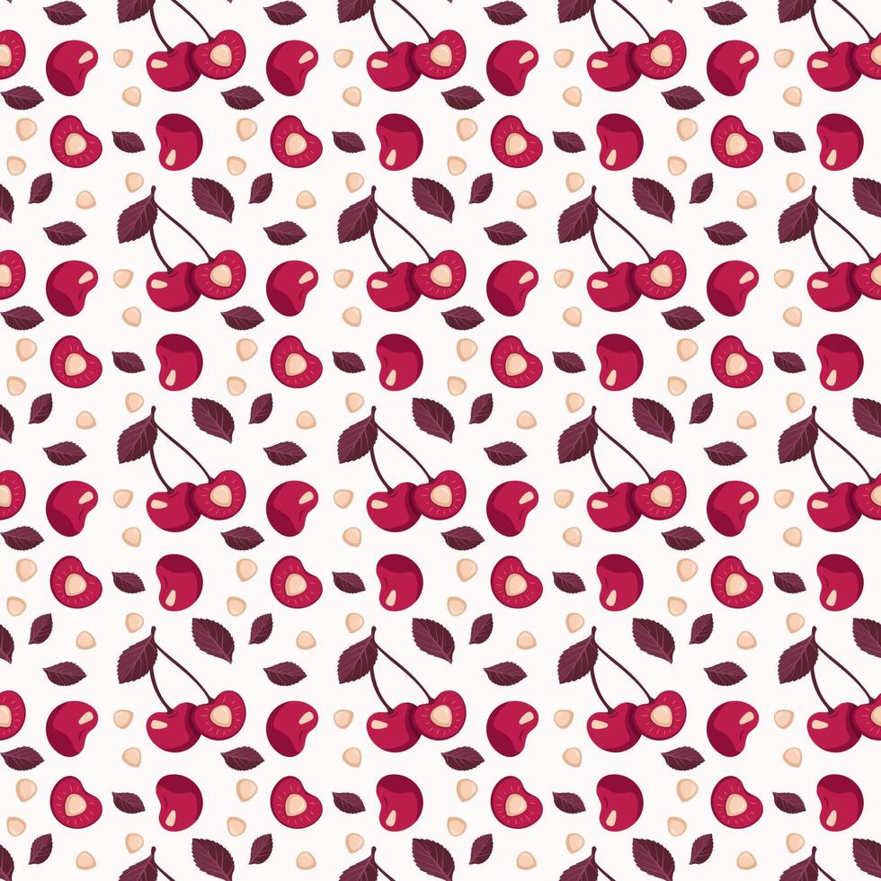 patrón sin costuras de bayas de cereza con hojas, impreso sobre fondo rosa en colores monocromáticos. ilustración vectorial plana con diferentes elementos rojos para primavera y verano. ilustración plana vectorial vector