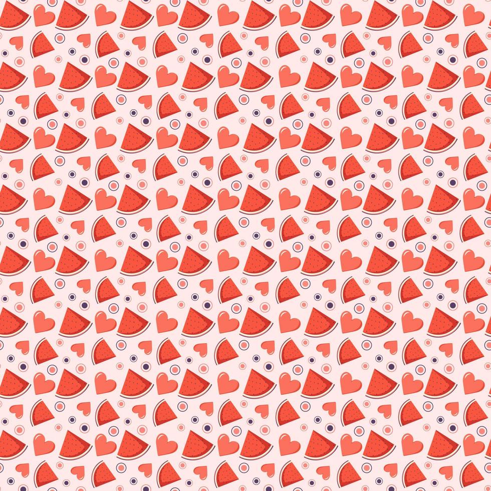 lindo patrón sin costuras con sandía, círculos y corazones. estampado festivo brillante, día de san valentín o decoración de verano para envolver papel, textil y diseño. ilustración plana vectorial vector