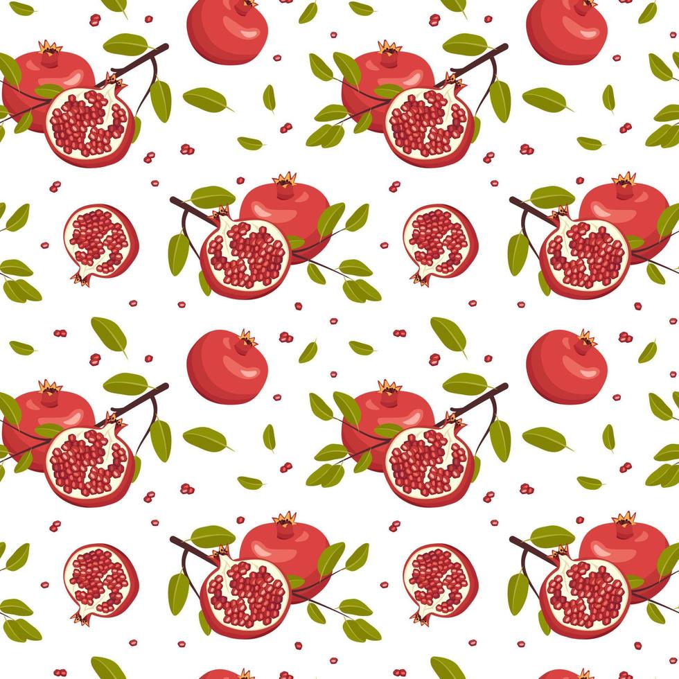 Seamless pattern with whole and half red pomegranate with seeds and branch with leaves. Healthy fruits print on white background. Sweet food for diet. Vector flat illustration