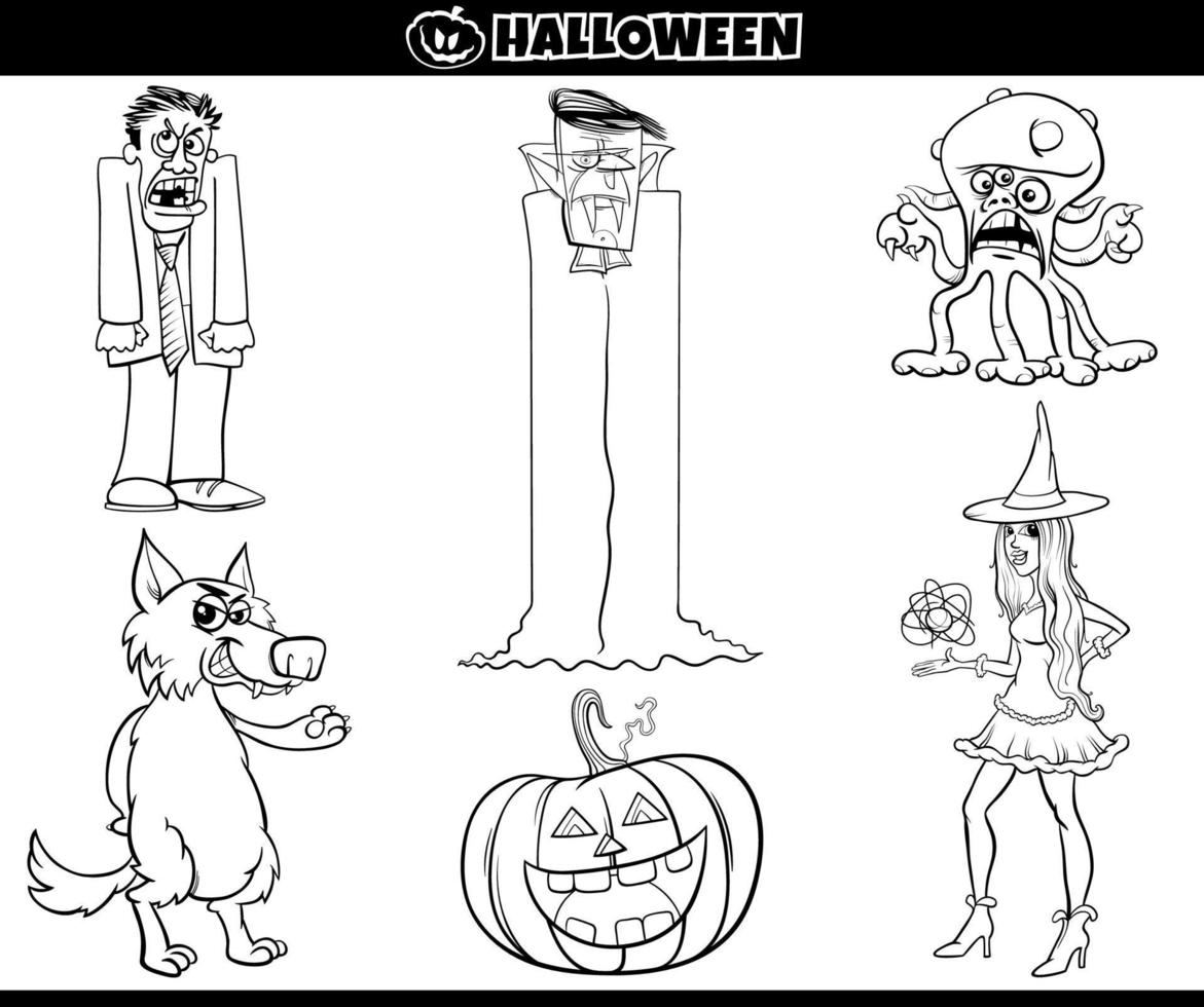 cartoon Halloween holiday characters set coloring page vector