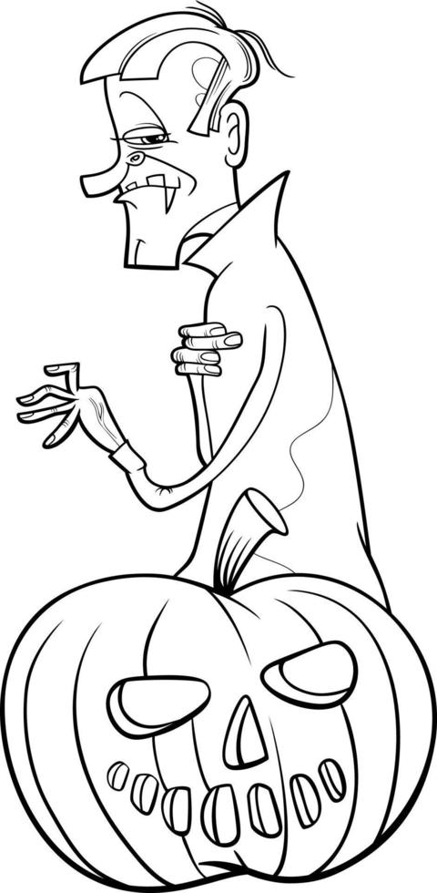 cartoon vampire with Halloween pumpkin coloring page vector