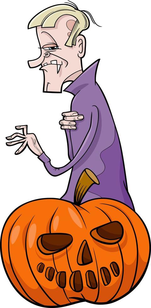 personaje de dibujos animados vampiro con calabaza de halloween vector