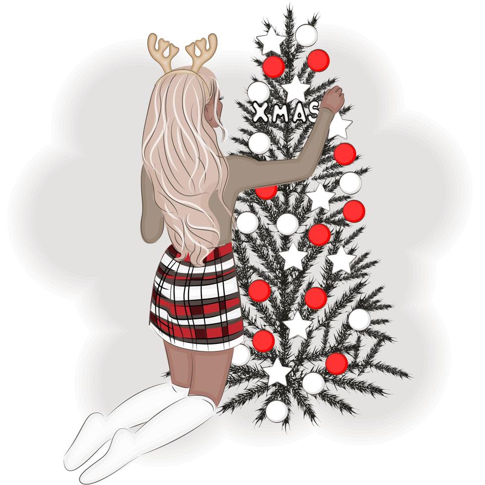 Chica elegante con cuernos de reno decora la ilustración de vector de árbol de Navidad