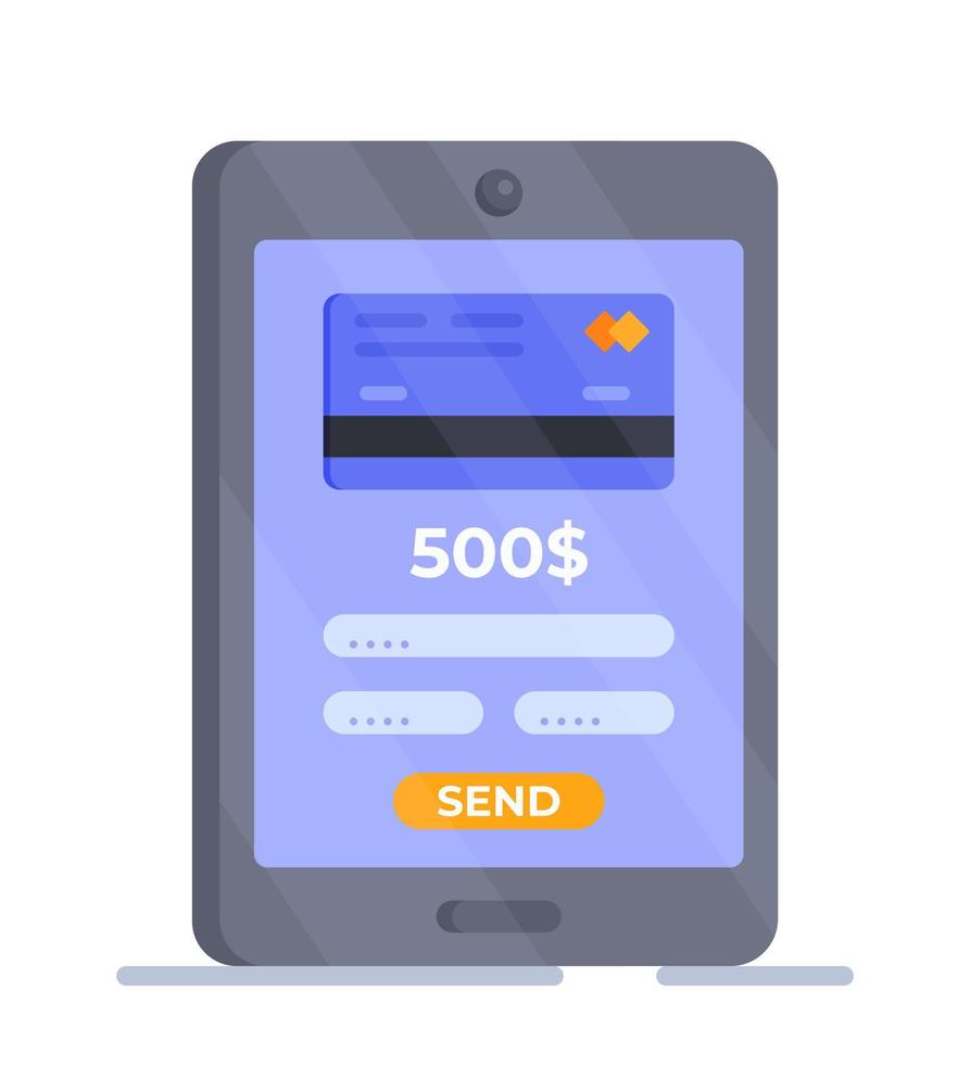 Vector illustration of a tablet isolated on a white background. Tablet with bank card.
