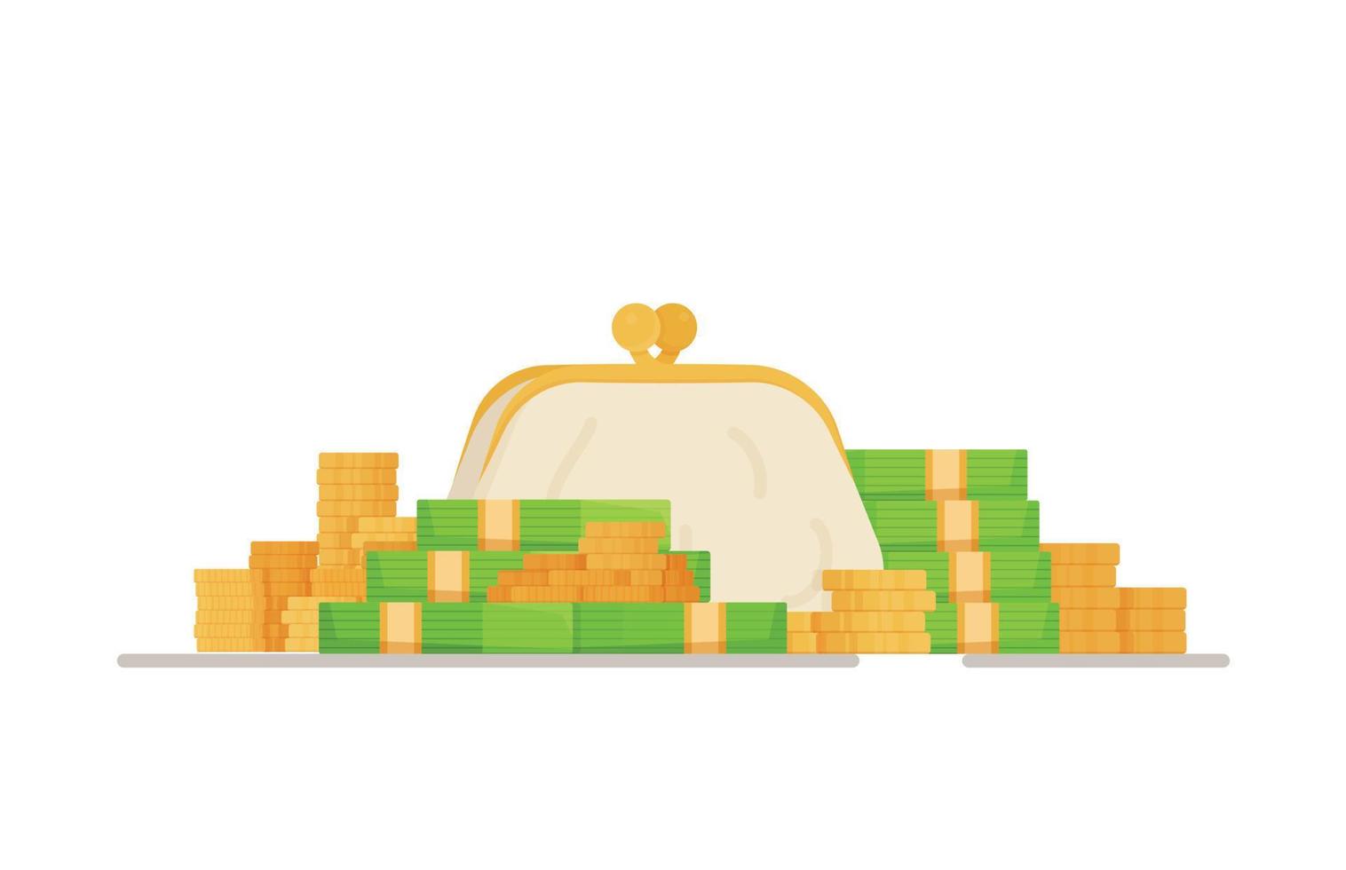 Making money at work. Wallet with pennies. Payment in cash. Shopping, goods, cash, wallet. Vector illustration.