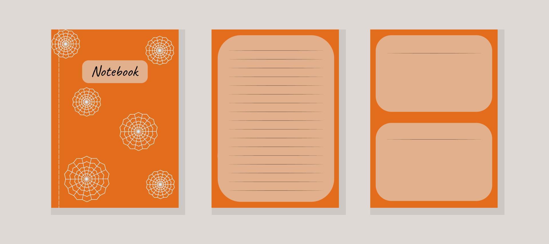 Conjunto cubre cuaderno colorido cuaderno de bocetos naranja ilustración vectorial telaraña o copo de nieve vector