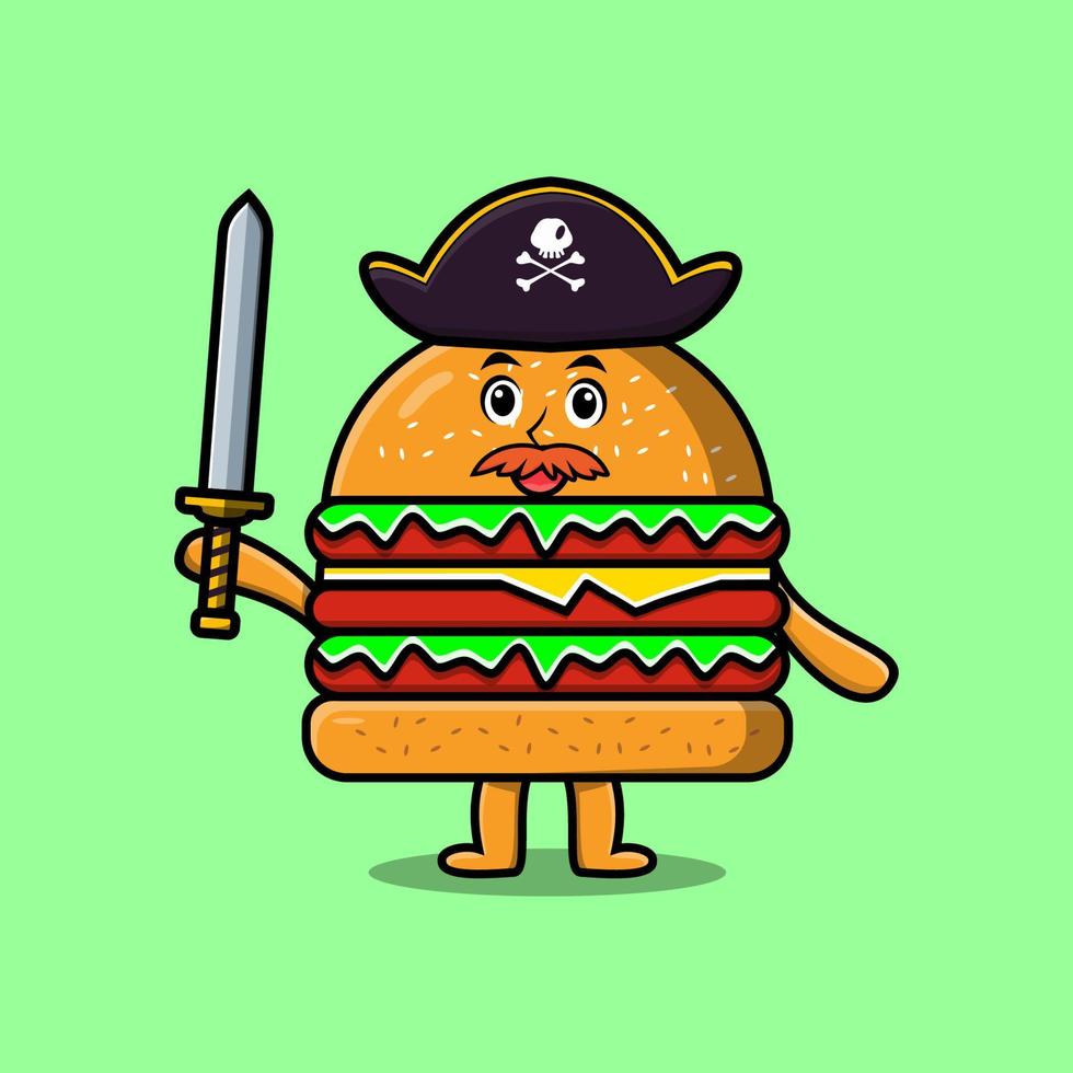 Cute dibujos animados mascota hamburguesa pirata sosteniendo espada vector