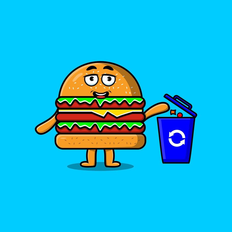 Cute cartoon Burger throwing trash in the trash vector