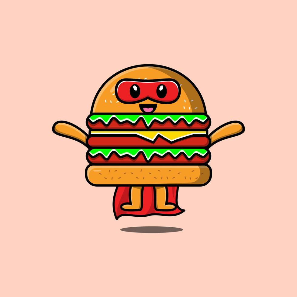 lindo personaje de superhéroe hamburguesa volando vector