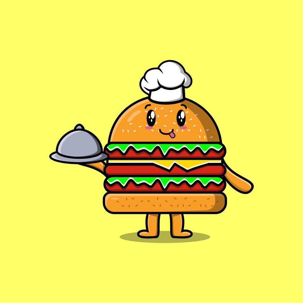 lindo chef de dibujos animados hamburguesa que sirve comida en la bandeja vector
