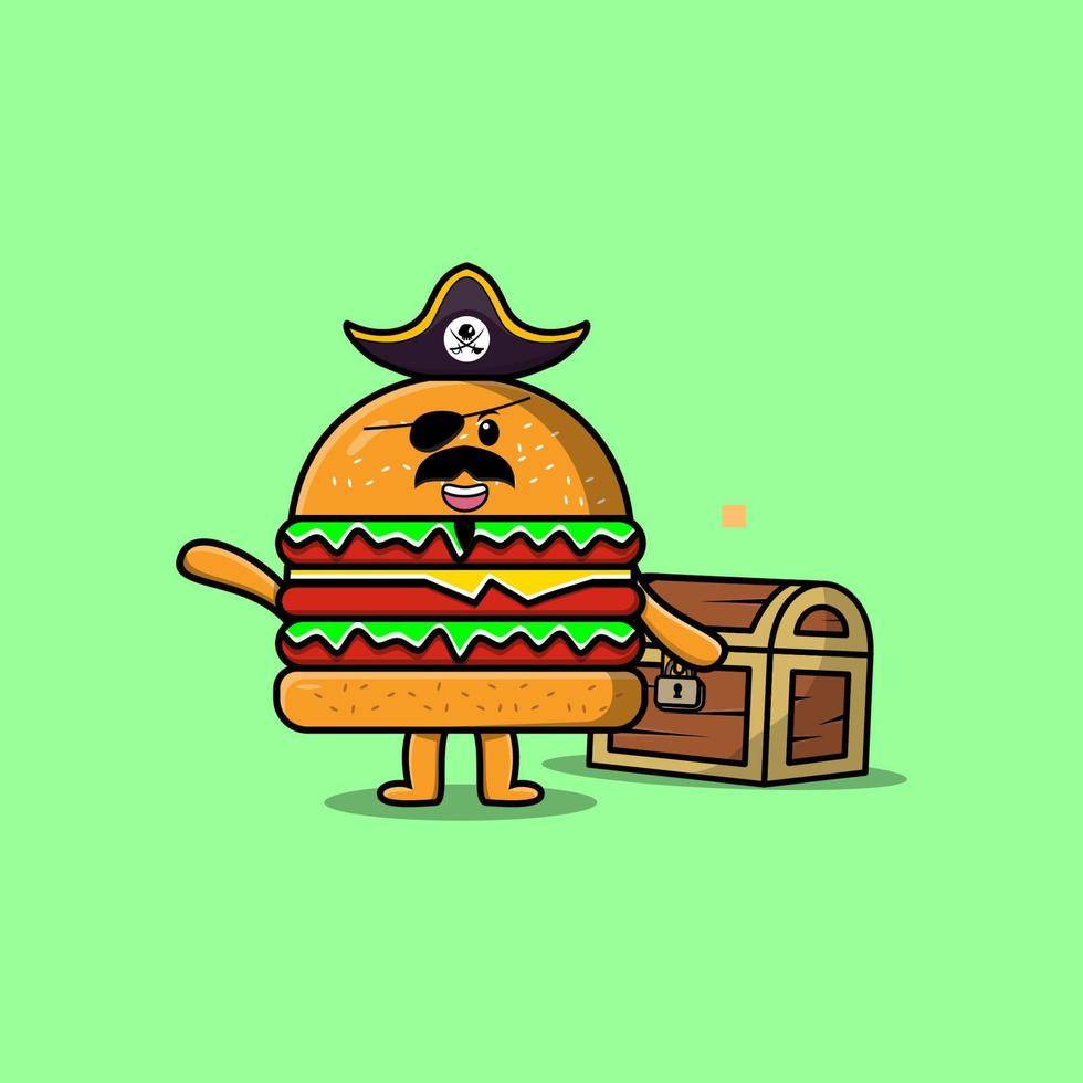 Pirata de hamburguesa de dibujos animados lindo con cofre del tesoro vector