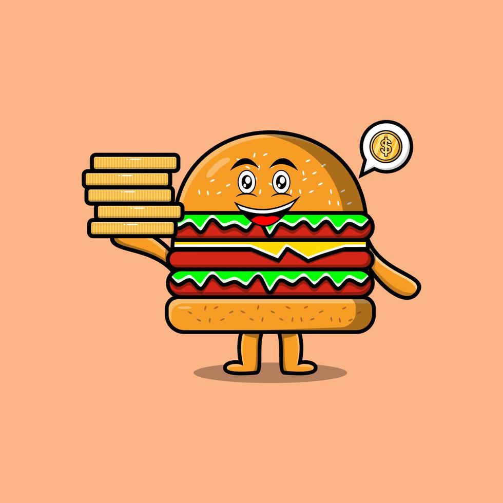 Cute cartoon Burger holding in stacked gold coin vector