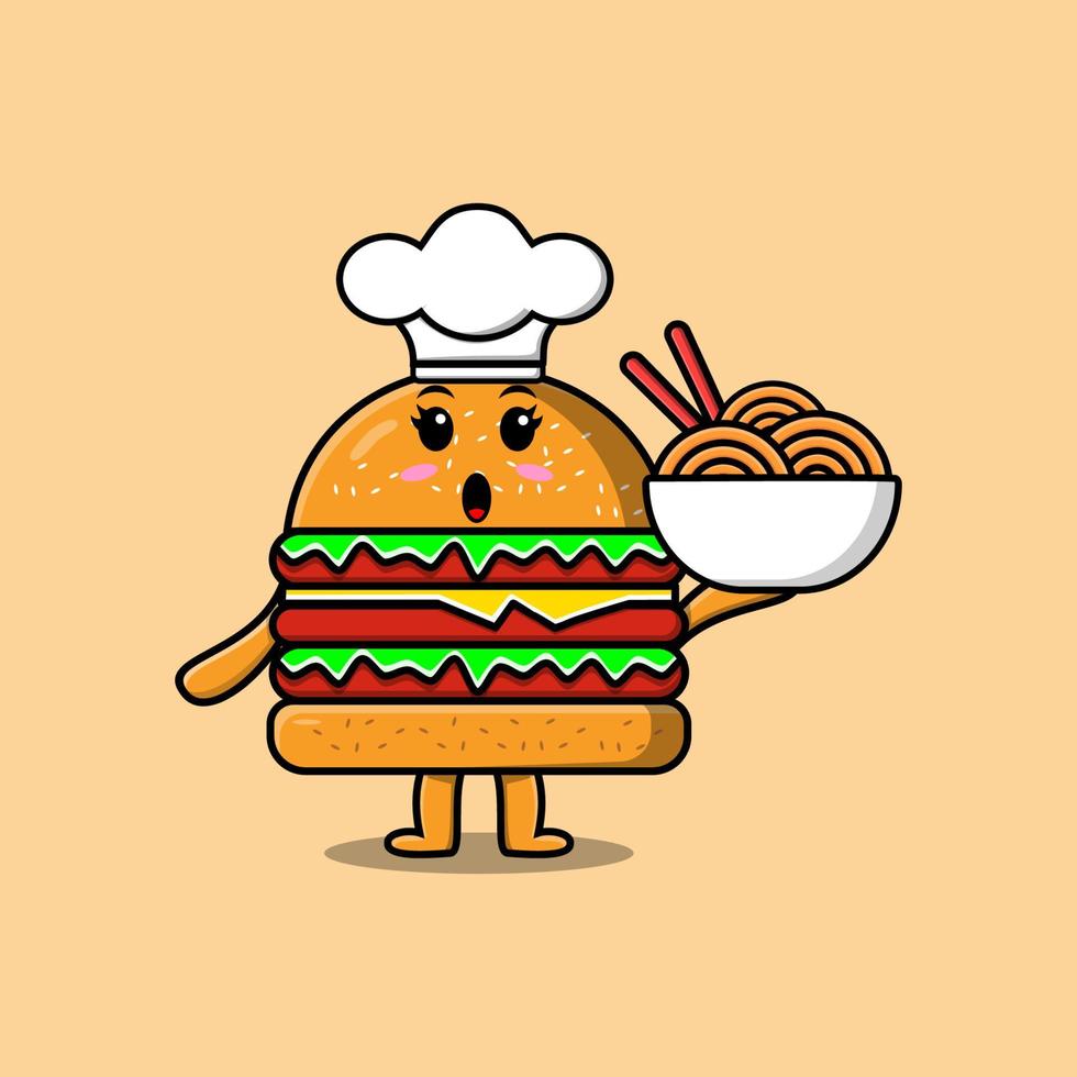 Cute cartoon Burger chef holding noodles in bowl vector