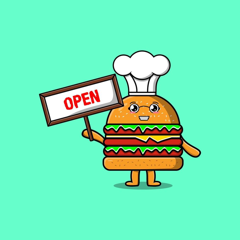 Cute cartoon Burger holding open sign board vector