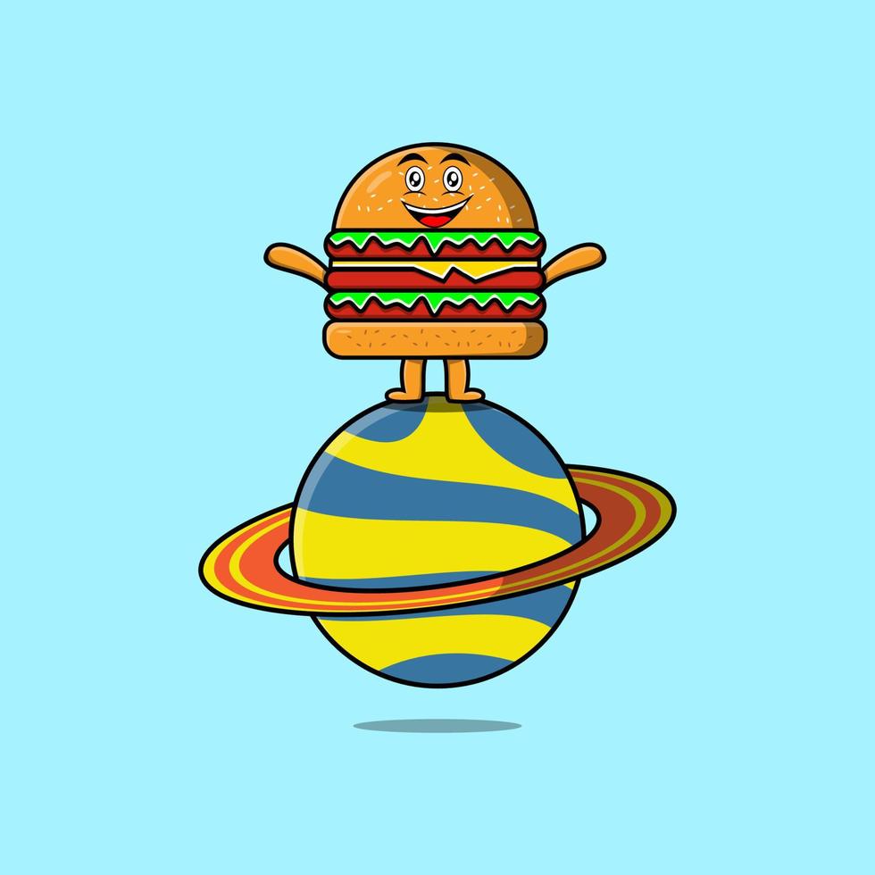 lindo personaje de hamburguesa de dibujos animados de pie en el planeta vector