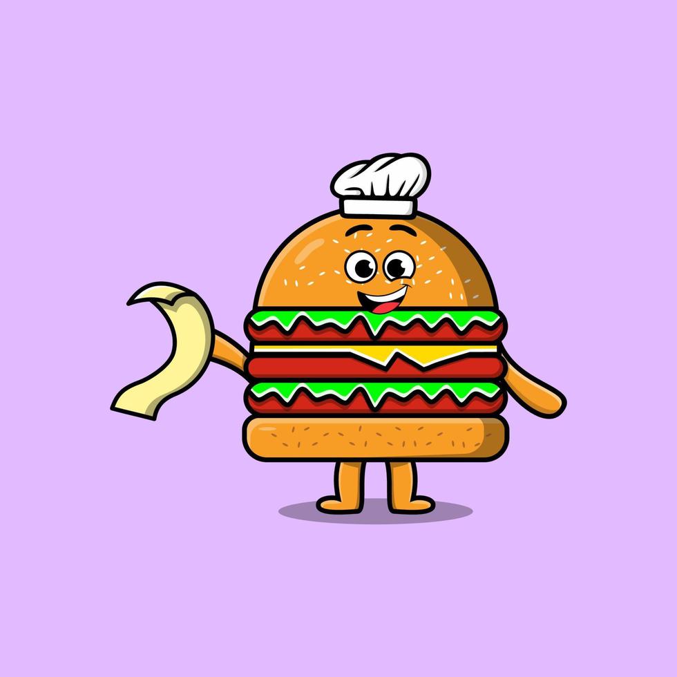 lindo chef de hamburguesas de dibujos animados con el menú en la mano vector