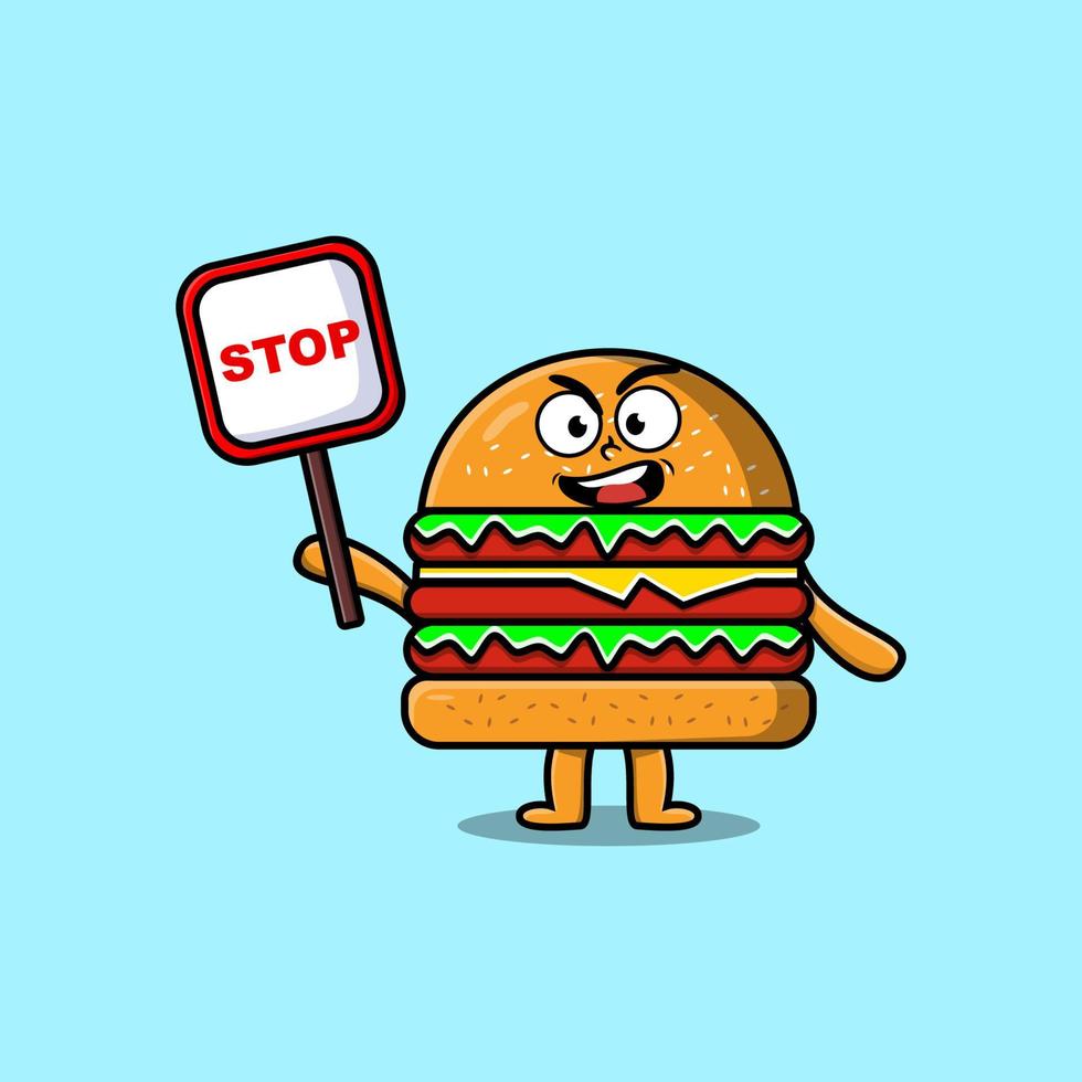 hamburguesa de mascota de dibujos animados lindo con tablero de señal de stop vector