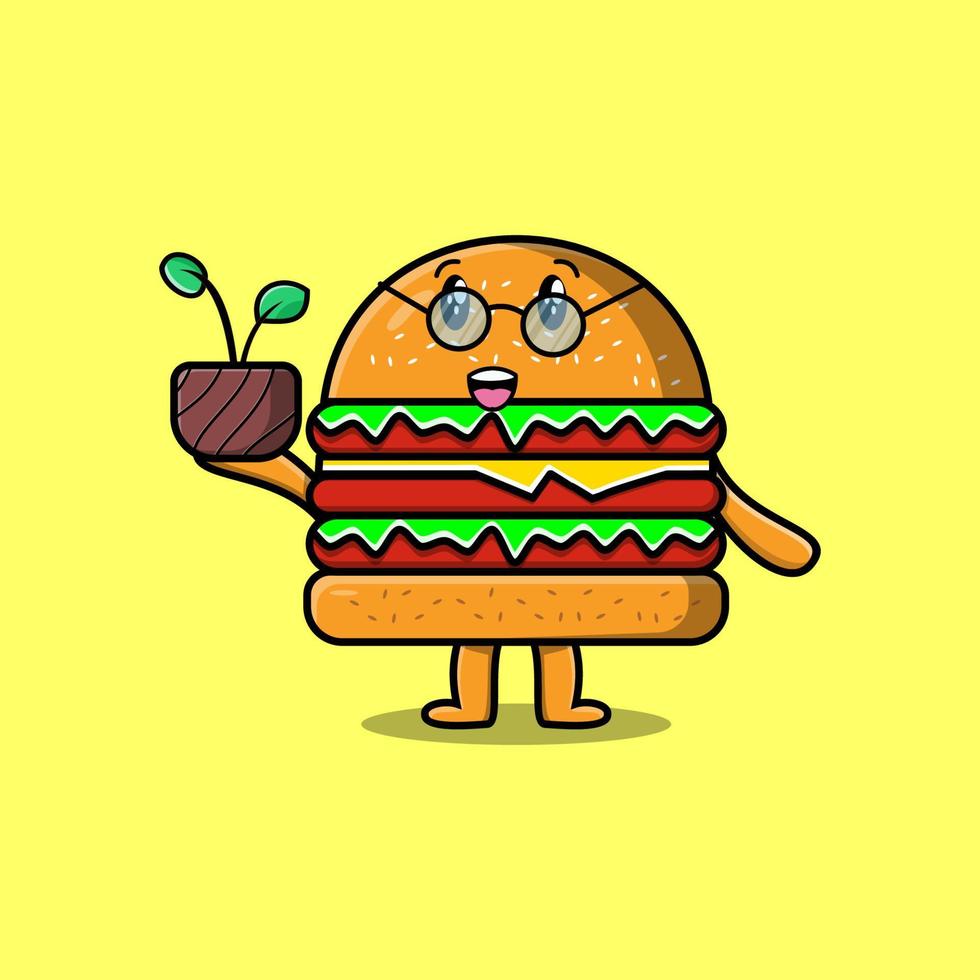 Cute cartoon Burger holding plant in a pot vector