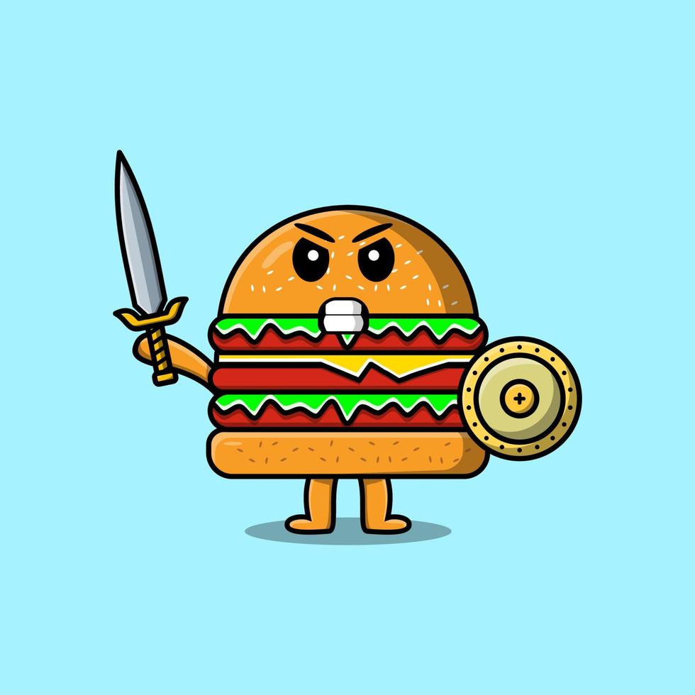 hamburguesa de personaje de dibujos animados lindo con espada vector