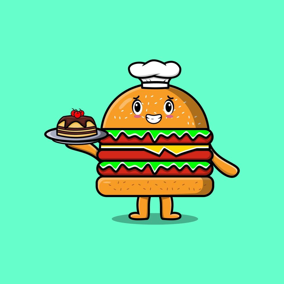 Cute Cartoon chef Burger serving cake on tray vector