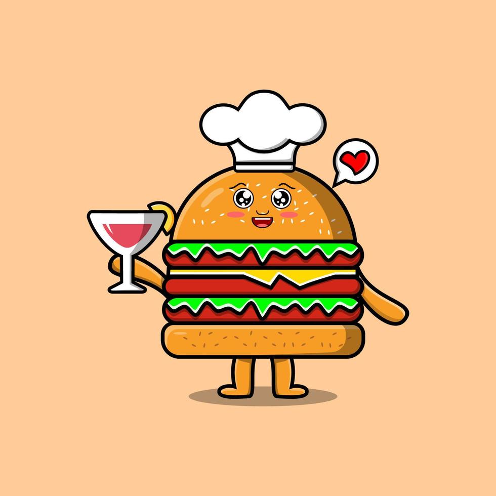 personaje de chef de hamburguesa de dibujos animados con copa de vino vector