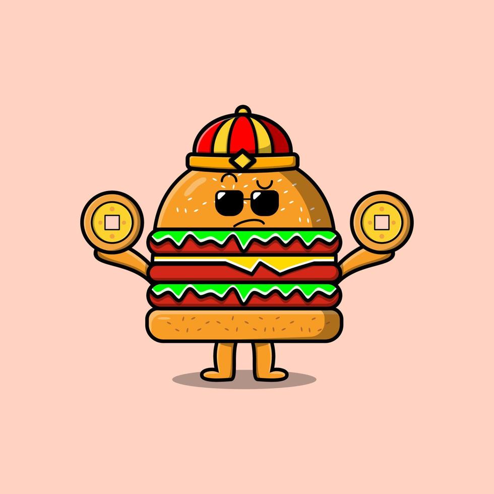 Cute cartoon Burger chinese character holding coin vector