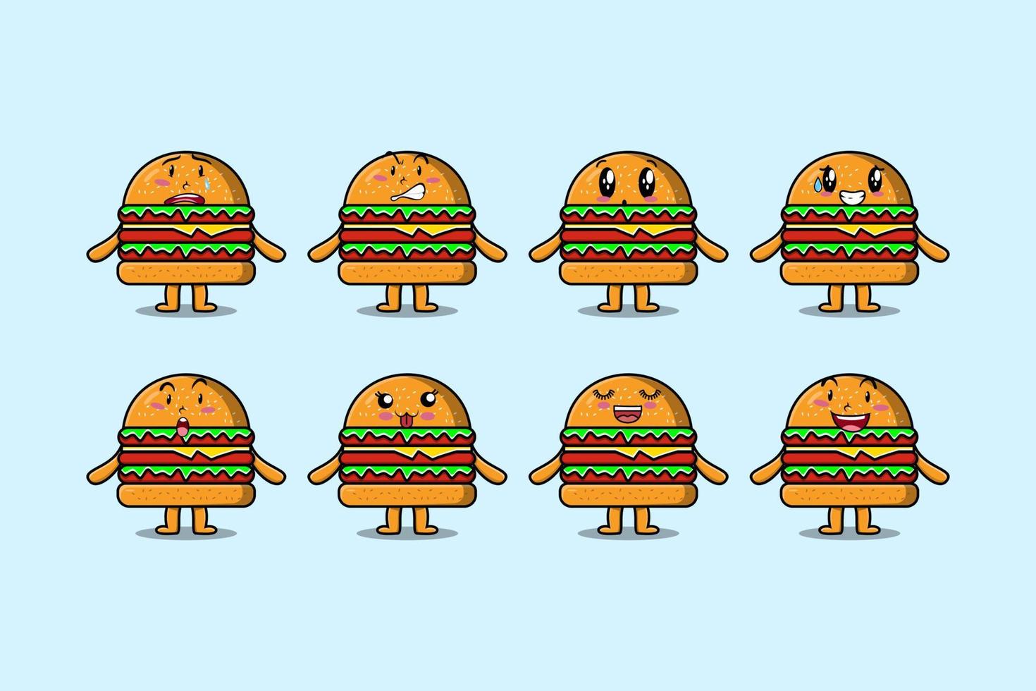 Establecer caricaturas de hamburguesas kawaii con expresiones vector