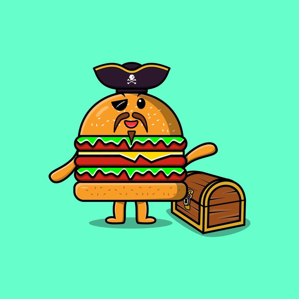 Pirata de hamburguesa de dibujos animados lindo con cofre del tesoro vector