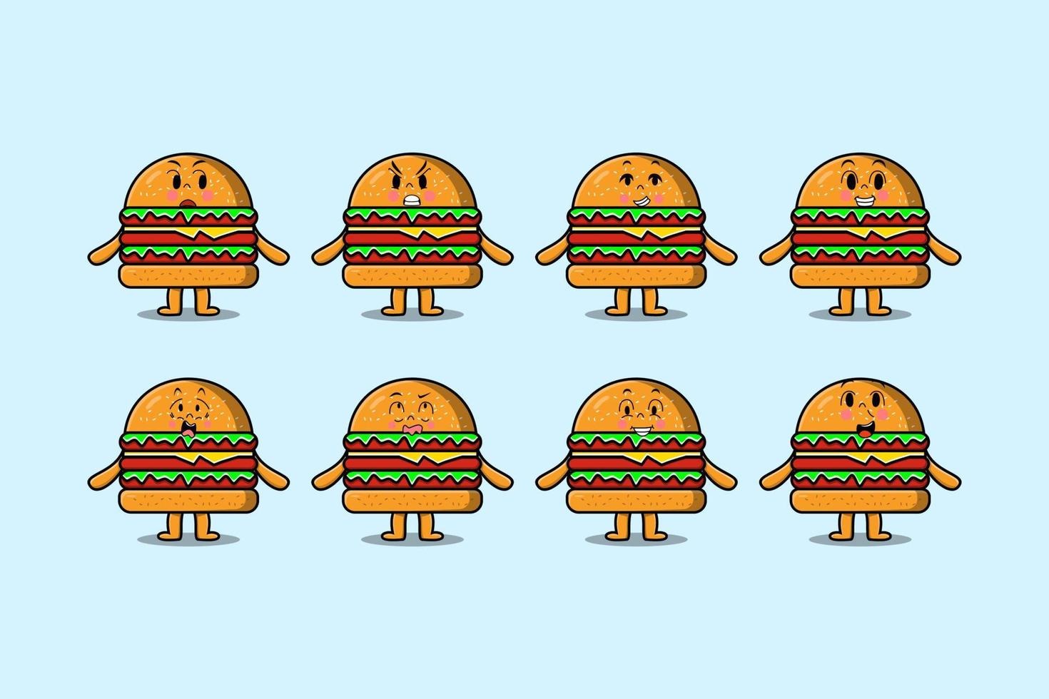 Set kawaii Burger cartoon with expressions vector