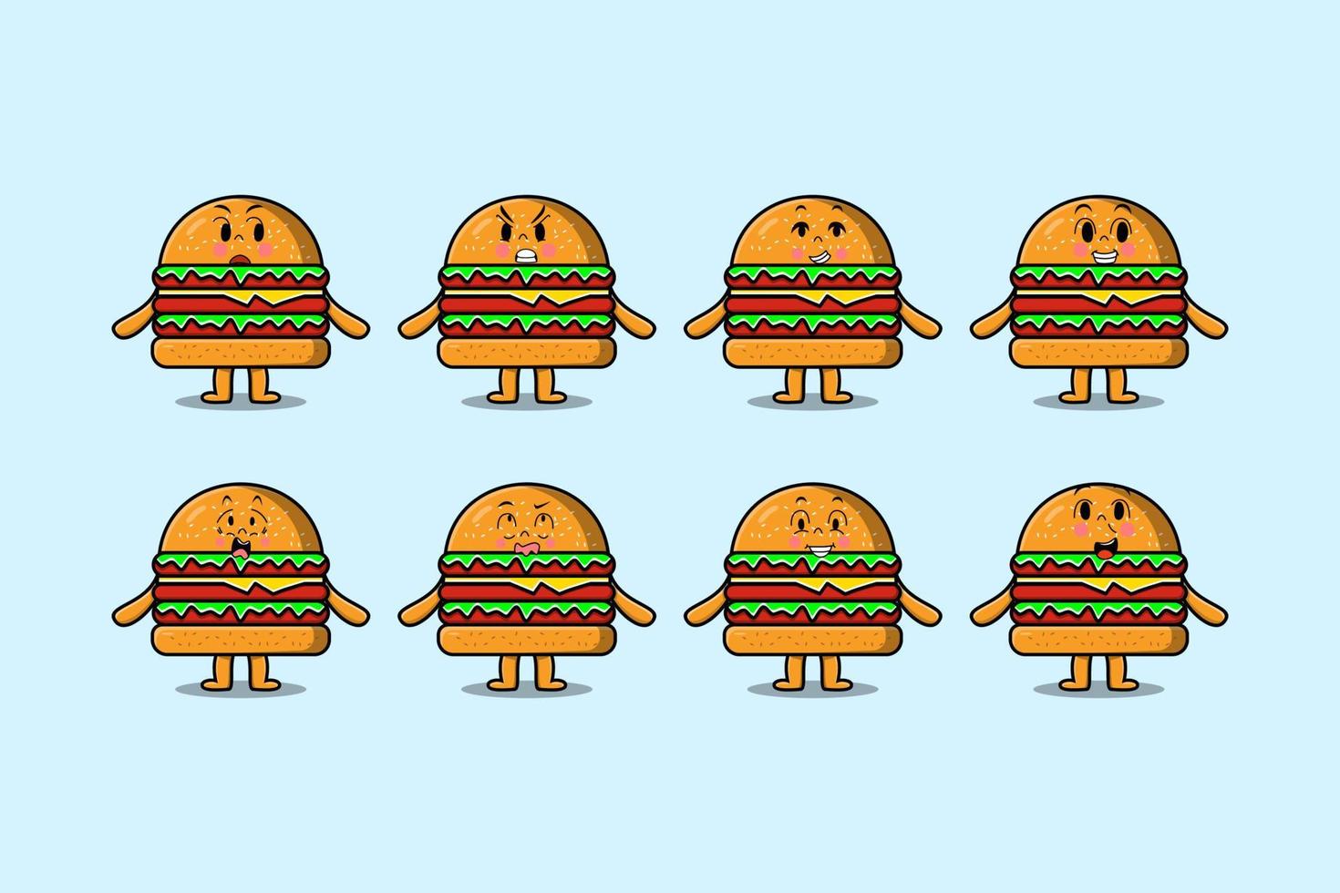 Establecer caricaturas de hamburguesas kawaii con expresiones vector