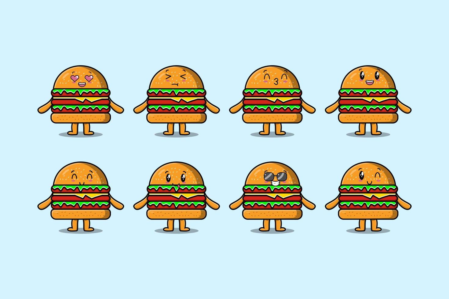 Establecer caricaturas de hamburguesas kawaii con expresiones vector