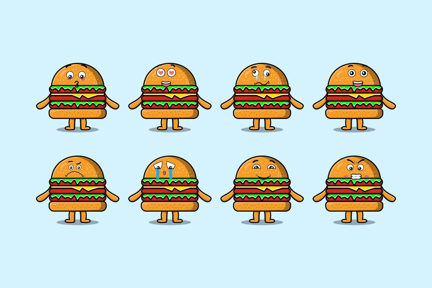 Set kawaii Burger cartoon with expressions vector