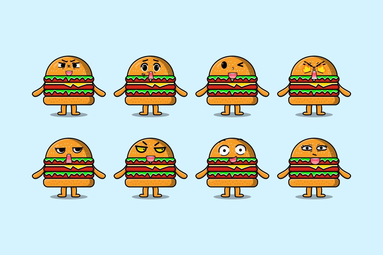Set kawaii Burger cartoon with expressions vector
