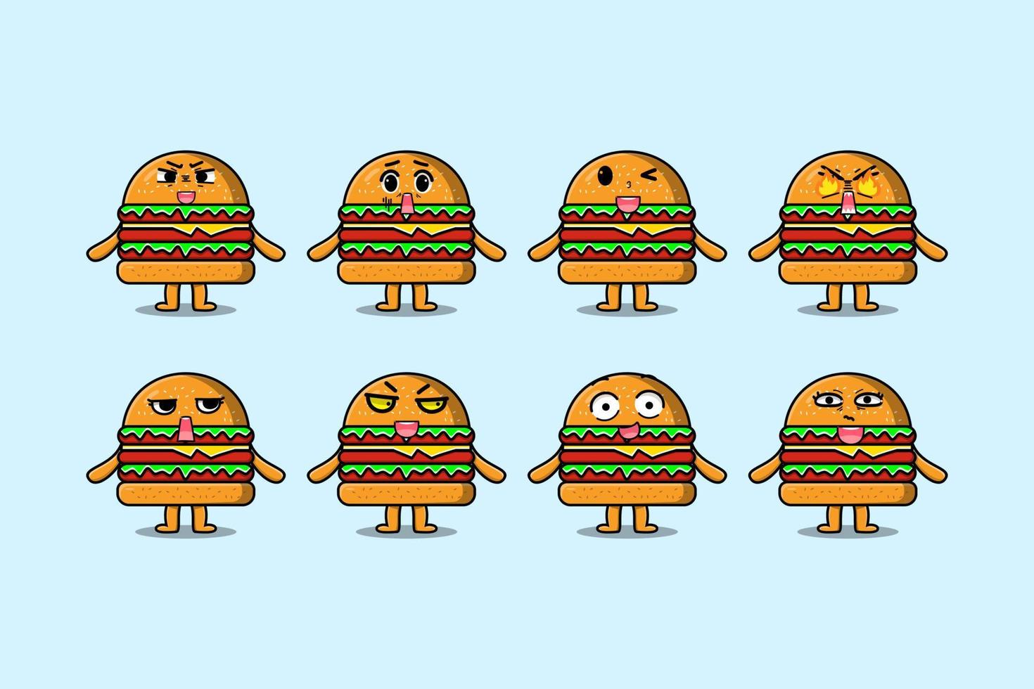 Establecer caricaturas de hamburguesas kawaii con expresiones vector