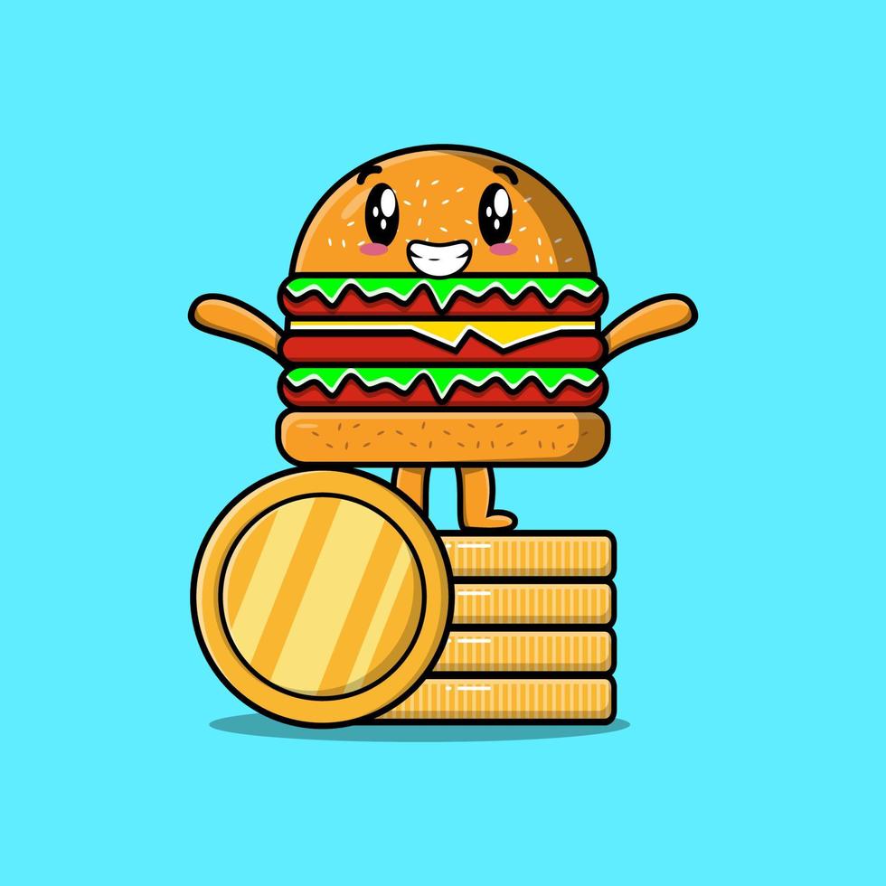 Cute cartoon Burger standing in stacked gold coin vector