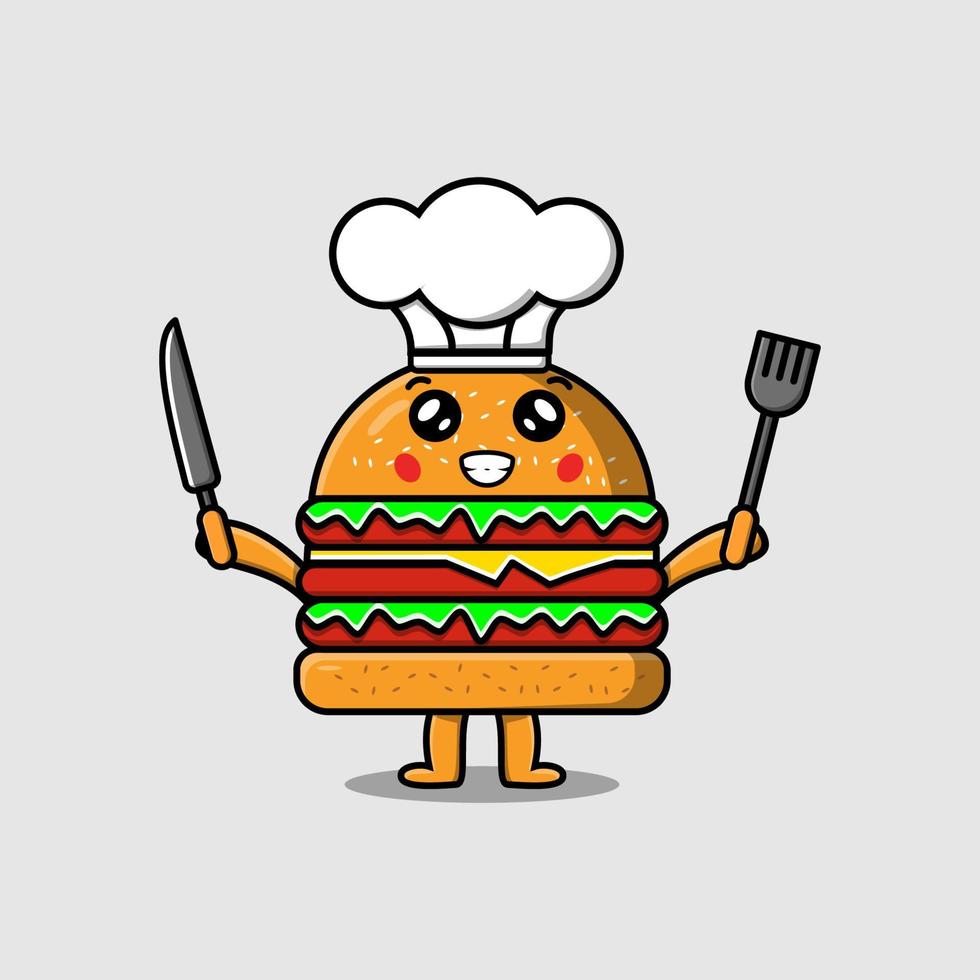 lindo chef de hamburguesas de dibujos animados con cuchillo y tenedor vector