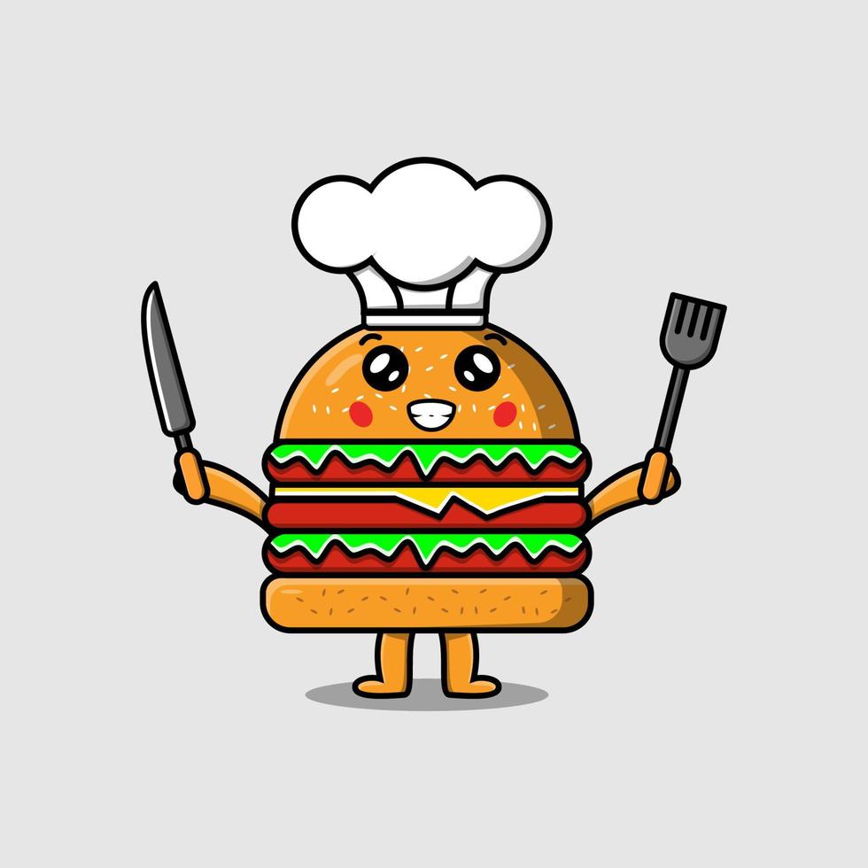 Cute cartoon Burger chef holding knife and fork vector