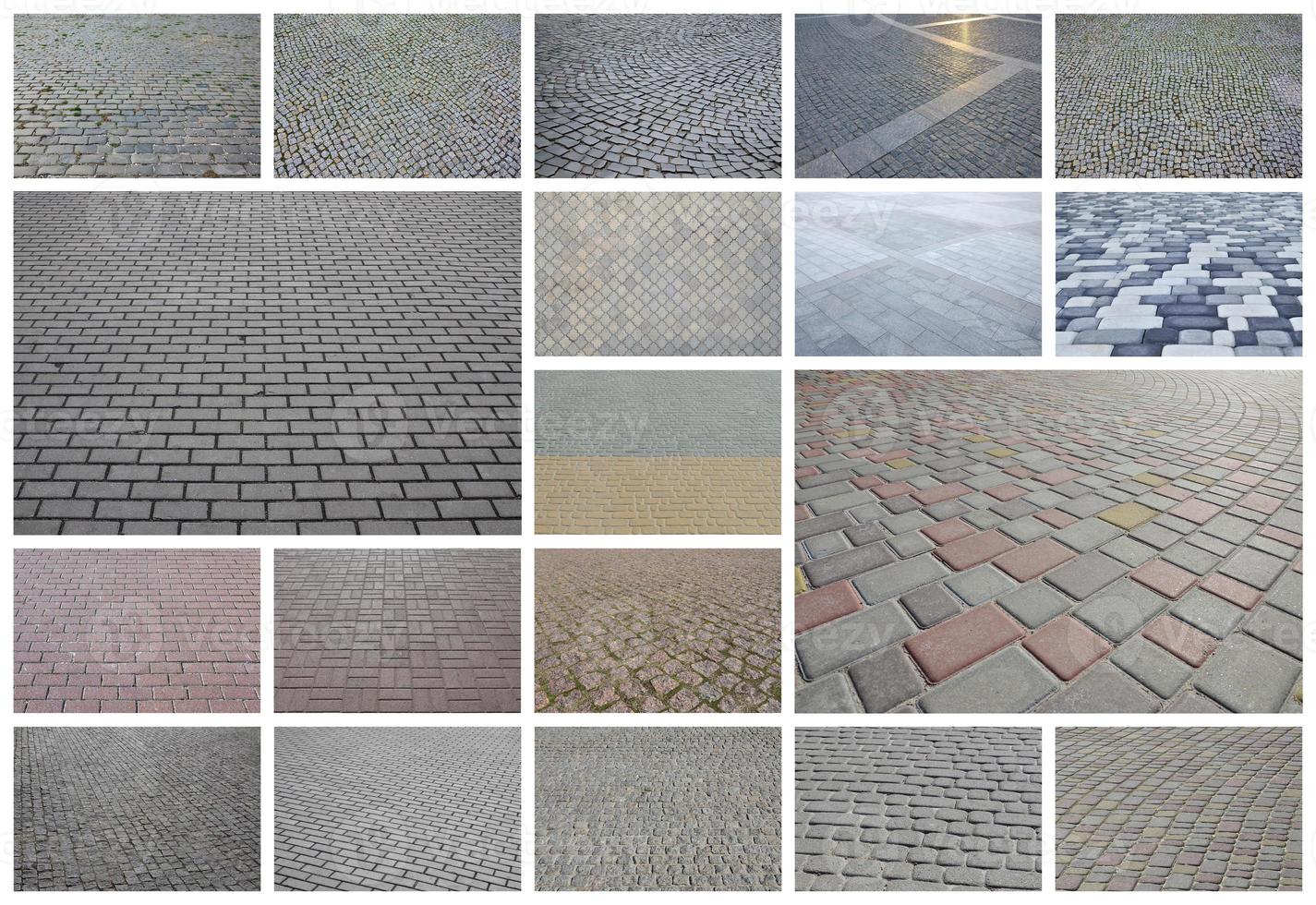 A collage of many pictures with fragments of paving tiles close-up. Set of images with pavement stone photo