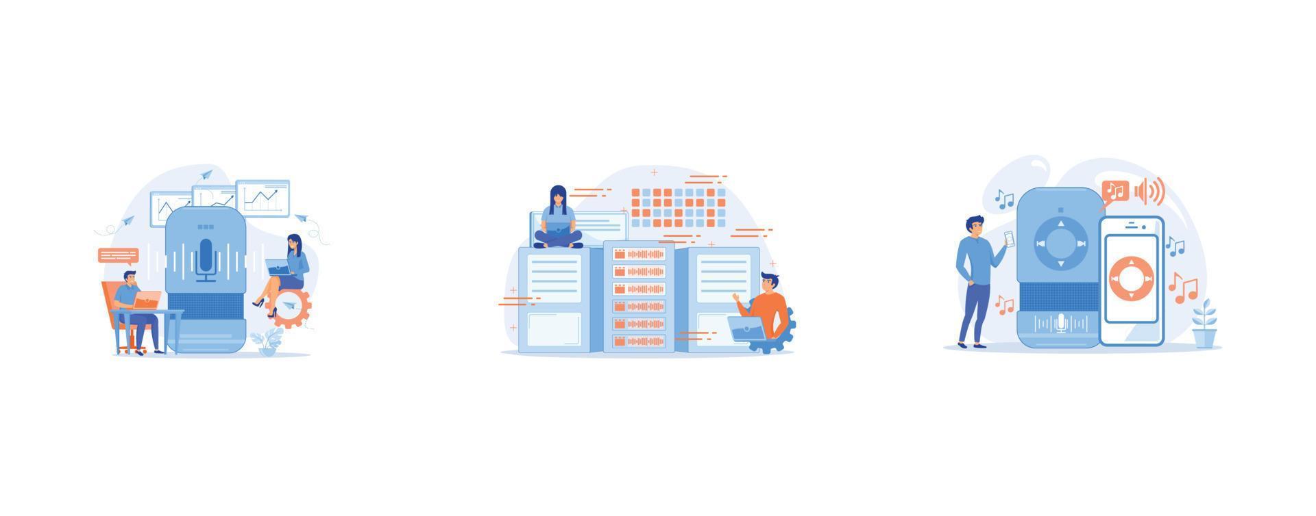 Smart speaker used by office workers, Database analysts with laptops working with data in the center, User playing music on smart speaker and mobile phone, set flat vector modern illustration