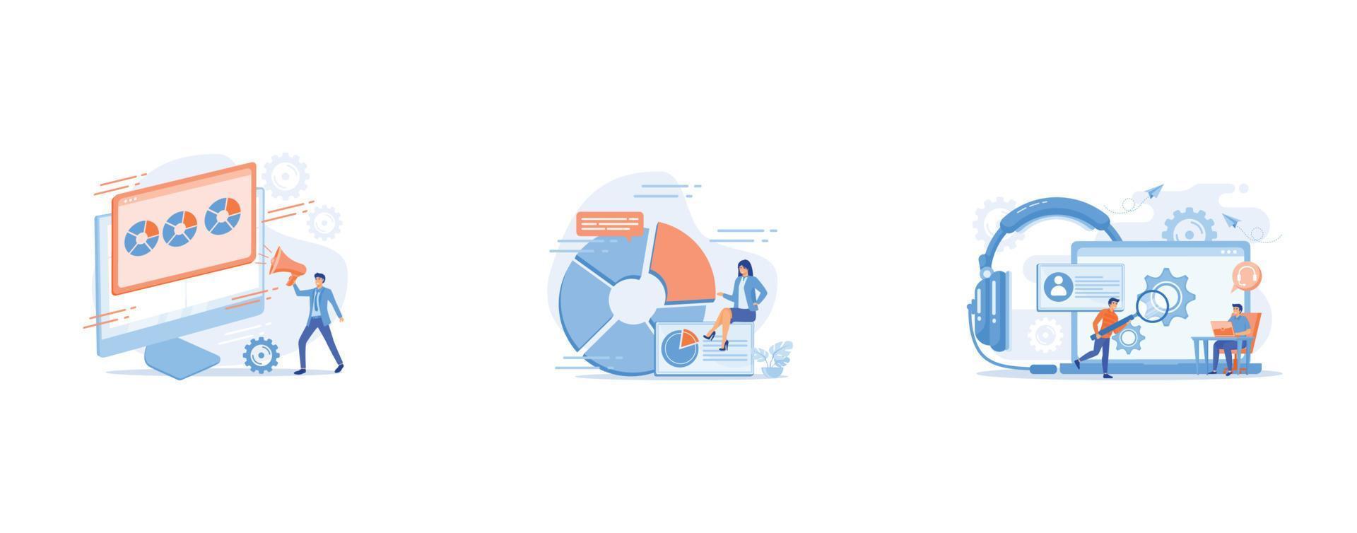 Marketing survey, report analyzing, questionnaire, Business presentation, Customer self-service, e-support system, electronic customer support concept, set flat vector modern illustration