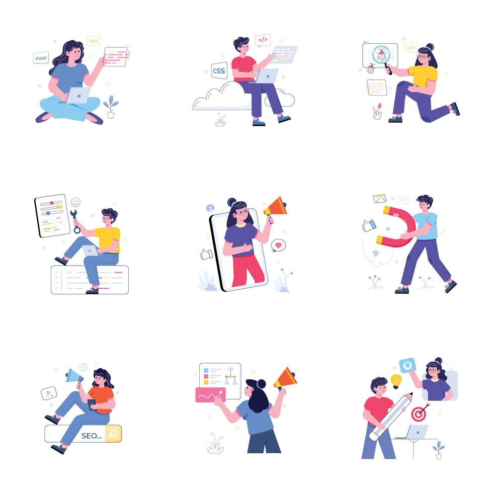 Pack of Coding and Marketing Flat Illustrations vector