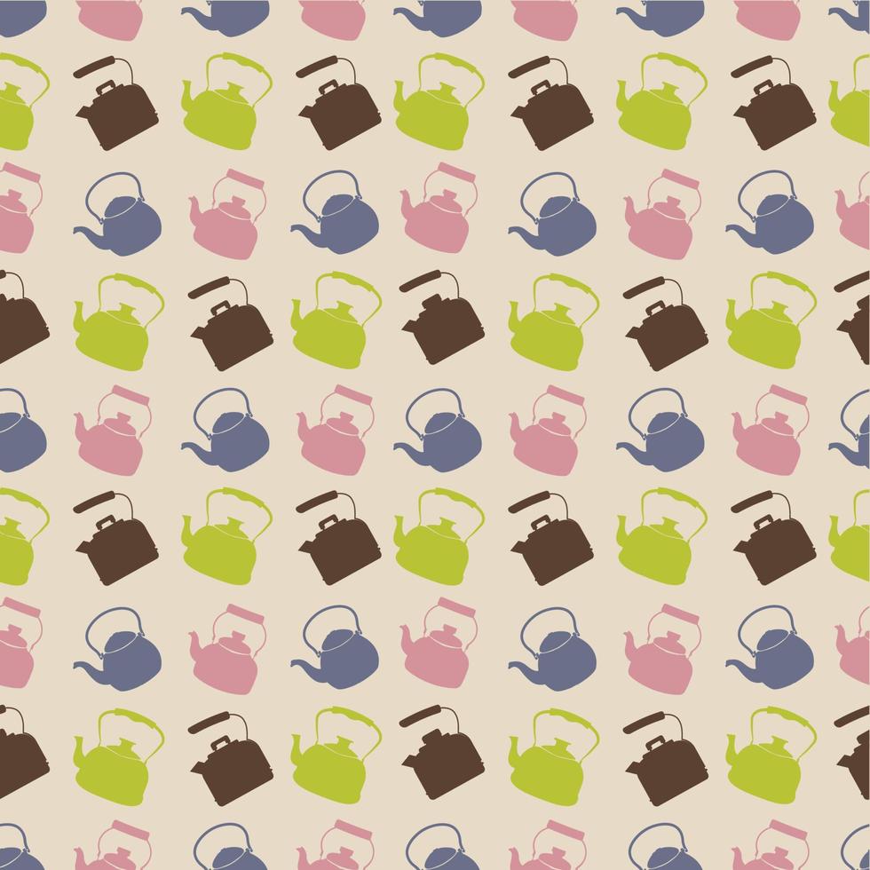 Seamless Colorful Pattern with Kettle. Vector background with different teapots. Endless kitchen texture.