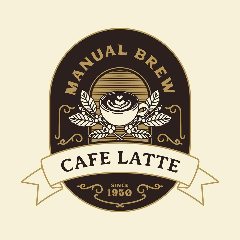 insignia de logotipo de marco de lujo vintage de cafetería con adorno victoriano floreciente vector