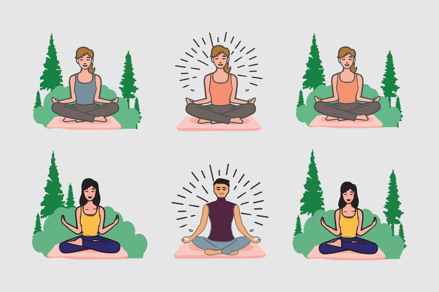 set of yoga meditation girls and boy flat vector illustration